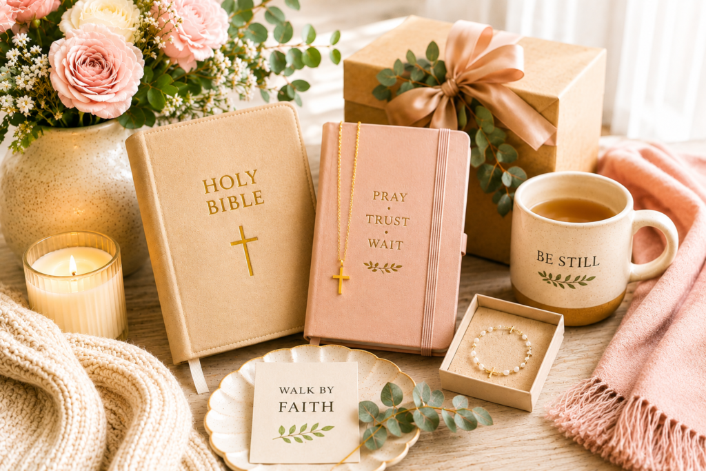 Christian gifts for women including a Bible, prayer journal, cross necklace, coffee mug, candle, and jewelry