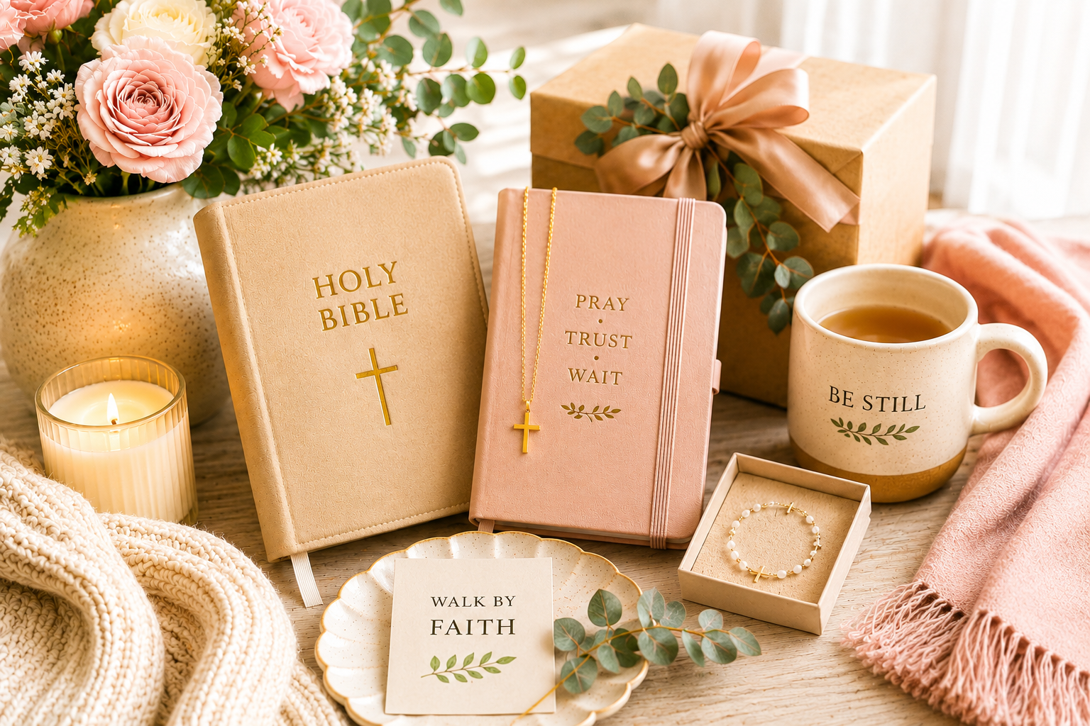 Christian gift ideas for women including Bible, prayer journal, mug, jewelry, candle, and gift box