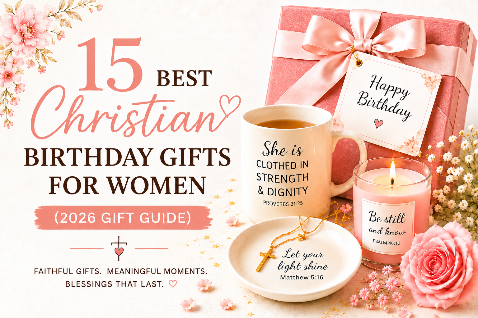 Christian birthday gifts for women including a Scripture mug, candle, cross necklace, flowers, and birthday gift box