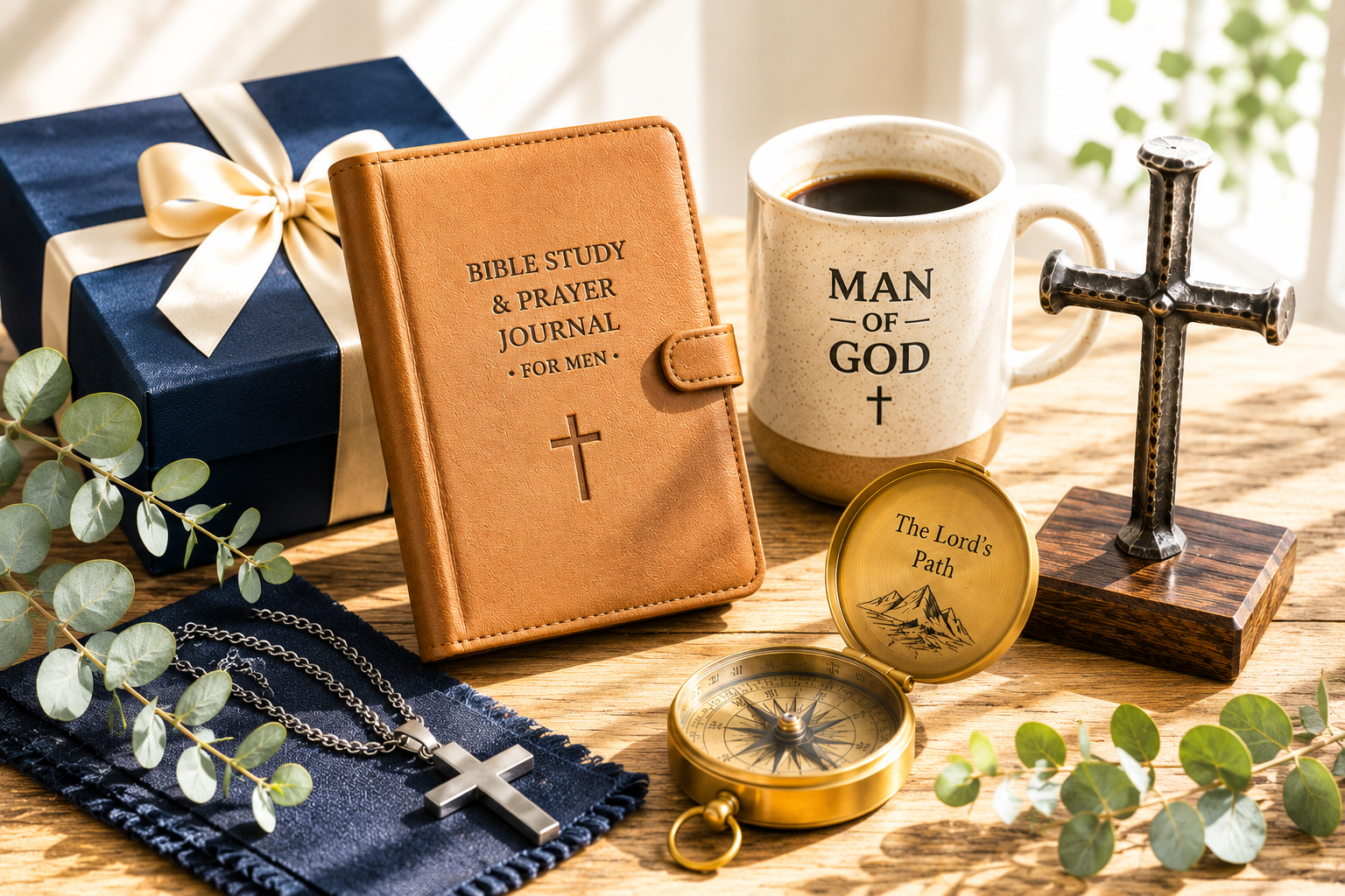 Christian gift ideas for men including Bible study journal, cross, mug, compass, and gift box