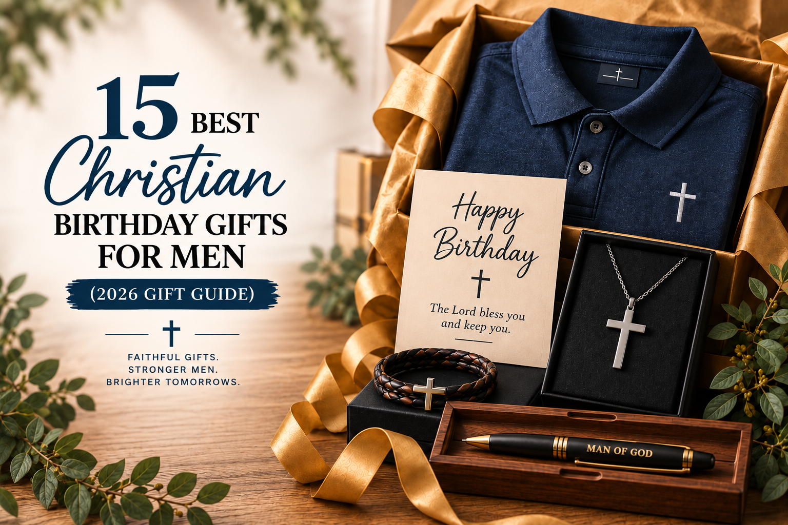 Christian birthday gifts for men including a cross necklace, Christian polo, birthday card, bracelet, and Man of God pen