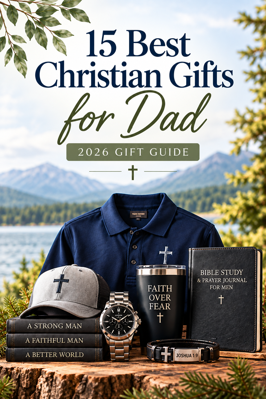 Christian gifts for Dad 2026 gift guide featuring a Christian polo, cross hat, watch, tumbler, prayer journal, and faith bracelet