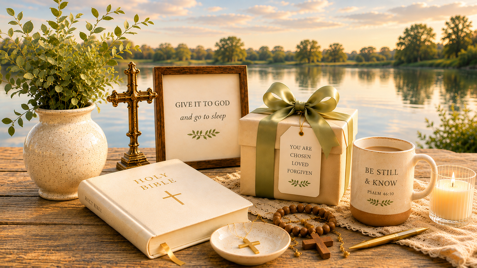 Christian gifts for every person and occasion with Bible, cross, mug, candle, and gift box